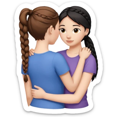 Comforting Hug two white skin women, one shorter woman with brown hair in simple top ponytail, not braided, and one taller woman with black hair in long side braid sticker