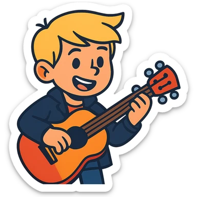 young blonde boy in a black jacket playing a guitar in vibrant toon style sticker