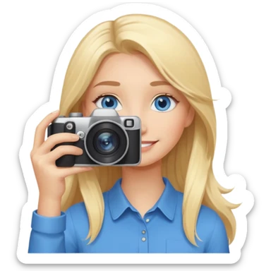  blue eyes blonde girl photographer cartoon taking picture in middle of taking picture camera in front of face long hair smiling funny flash professional, camera in front of face sticker