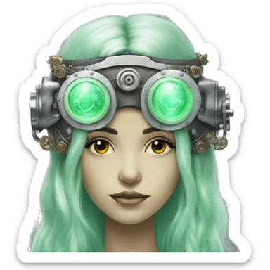 Pastel green long haired female cyborg head with silver steampunk goggles sticker