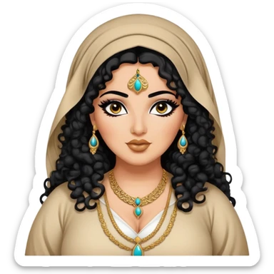 big plus size, arab, long black curly hair, arab clothes, baddie,pretty, makeup, lipgloss, black eyeliner, sticker