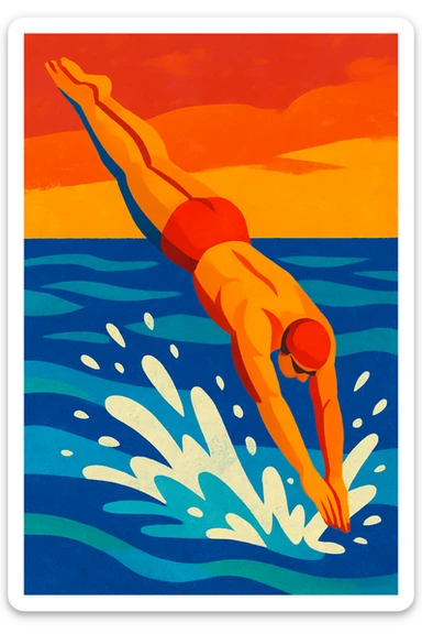A swimmer diving into water, with splashes, vibrant painterly style sticker