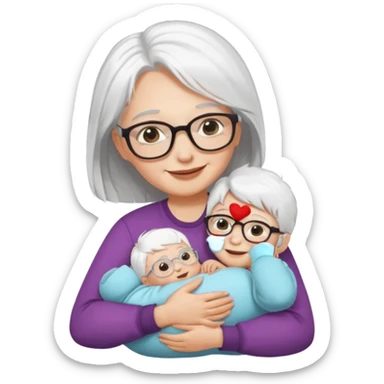"Woman with white hair and fair skin wearing glasses, hugging a baby, smiling."
 sticker