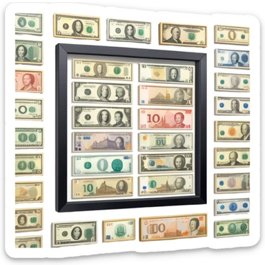 Icon for Banknote Collecting: old and new banknotes from different countries such as Euro, Dollar, Yen, Krona, Yuan, and others, displayed in frames on a wall. The icon should evoke the diversity and richness of currency collection. Transparent background. sticker