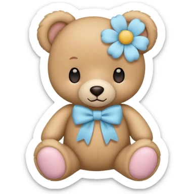 teddy bear with pastel blue bow and flower sticker