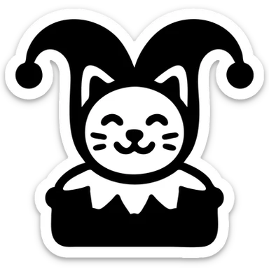 crazy cute little cat jolly joker from poker, medieval, vintage, court jester, mac os icon, purple, gold and red color, head + torso. Squared shape as 3D mac os system icon, symmetrical sticker