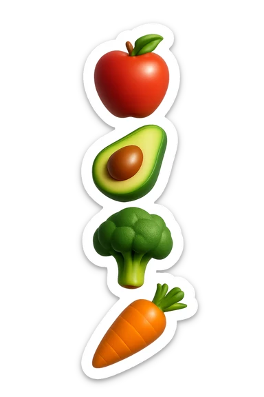 emoji stile iphone in 3d di cibo sano che fluttua in aria vericalmente, iperrealistico 4k sticker