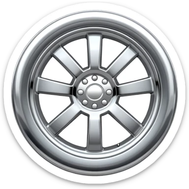 A chrome car wheel emoji, polished silver metal rim, smooth circular shape, minimal futuristic design, soft reflections, iOS emoji style, centered on white background, ultra clean look sticker
