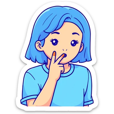 girl wearing pastel blue clothes with finger on lips making a quiet shh gesture sticker