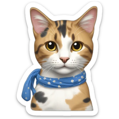Purradise Meowscles is a buff calico cat  he has a mullet, a floral designed t shirt that is unbuttoned and blue and white stripped shorts sticker
