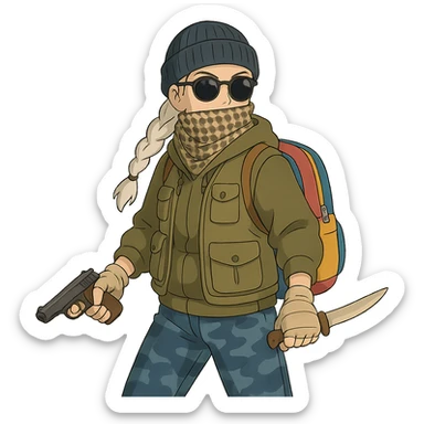 1 female, long white braid, knit cap, dark sunglasses, shemegh neckwrap, fishing vest, vibrant shool backpack, drab hoodie, handwraps, blue camo pants, makarov in 1 hand, bone shiv up and fighting backhand in the other hand sticker
