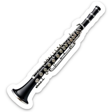 Cinematic Realistic Clarinet, deep black body with gleaming silver keys, rich warm lighting catching every intricate detail, slightly worn mouthpiece adding authenticity, glowing with a timeless and sophisticated presence. sticker