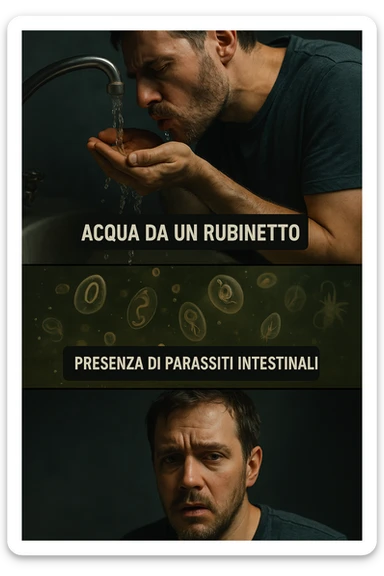 vertical realistic cinematic image of a man drinking water from a faucet, transition showing presence of intestinal parasites in the water and early symptoms of illness, clinical dramatic lighting, Italian captions, aspect ratio 2:3 sticker