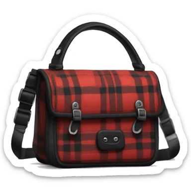 red plaid shoulder bag with black buttons and black straps and tiny black rims tones and a mini black bow on one strap sticker