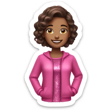 brunette girl with makeup and pink glittery clothes smiling sticker