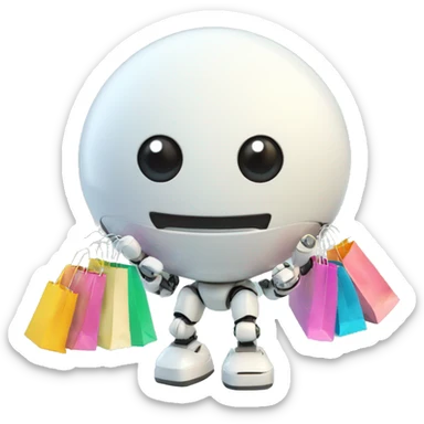 cute white floating spherical happy robot with floating shopping bags sticker