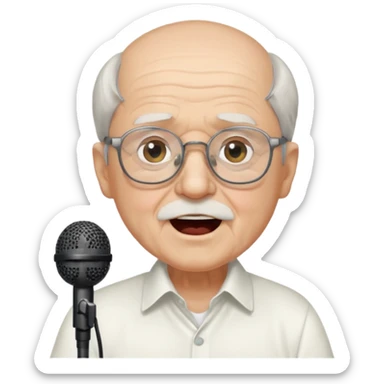 singer, Old man, singing to mic, white shirt glasses sticker
