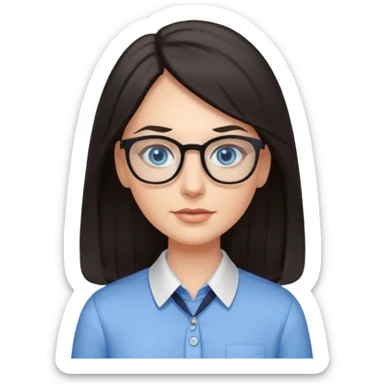 long dark hair, blue eyes, glasses teacher female, eyelashes sticker