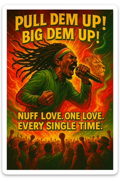 A vibrant reggae-inspired poster scene featuring Anthony B in full performance energy — dreadlocks flying, mic in hand, mid shout, pulling up the riddim. The background is a glowing fusion of red, gold, and green flames with lion imagery and subtle cosmic light trails. Around him, the words “Pull Dem Up! Big Dem Up!” explode like soundwaves. Below, a crowd of diverse viewers is shown. In bold text across the bottom: “Nuff Love. One Love. Every Single Time.” sticker