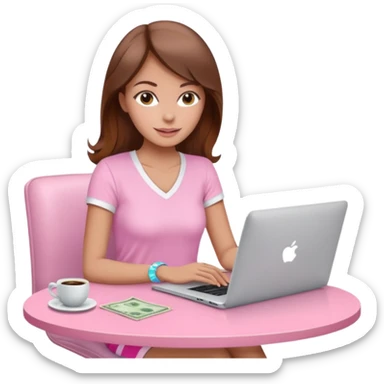  woman character with laptop and coffee relax table, dollars are floating, colorful pastel pink outfit, white laptop, brownn hair, fair skin,  sticker