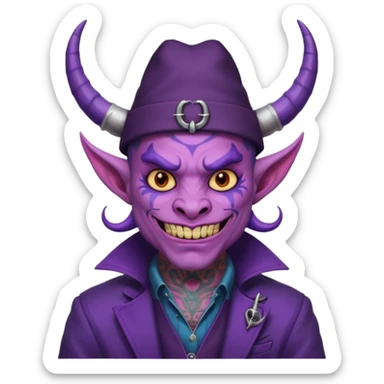 purple demon with tattoos, hat, jacket and horns sticker