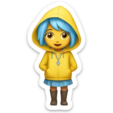 Cute little girl with light blue hair wearing a yellow raincoat hood up with rosary  sticker
