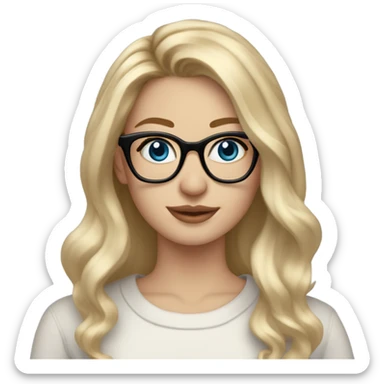 Blonde balayage long hair white women sweater blue eyes and small glasses holding mac book sticker