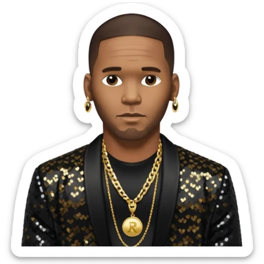 R. Kelly with dark brown hair, black sequin jacket, shirtless with necklace sticker