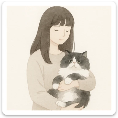 a girl with long, dark brown hair and bangs, carrying a black and white fluffy Persian cat, soft painterly style sticker