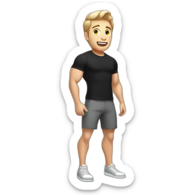 amazed Open with surprise mouth Pale skinned Fit Man With the biceps and dark brown hair in black shirt, gray sports shorts and white Sneakers sticker