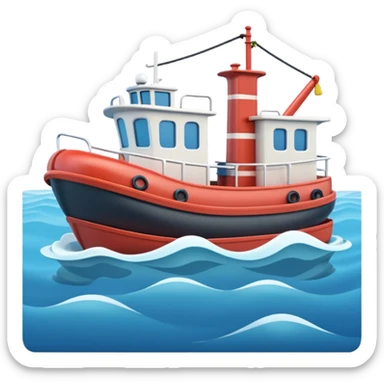 A 3D cartoon tugboat towing another boat on calm blue water, soft waves, clear sky, Memoji-style. sticker