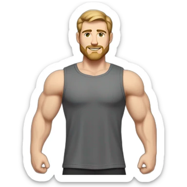 Full height Pale skinned fit man With biceps, Realistic eyes and mouth, light brown hair and stubble In dark gray sleeveless mike, black oversize sports shorts, watch and white sneakers. sticker