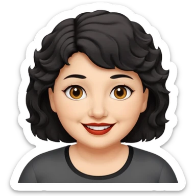 woman 60, brown eyes, very short black wavy wolf cut hair, chubby smile sticker