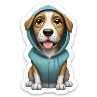 Dog wearing hoodie with Protien shake sticker