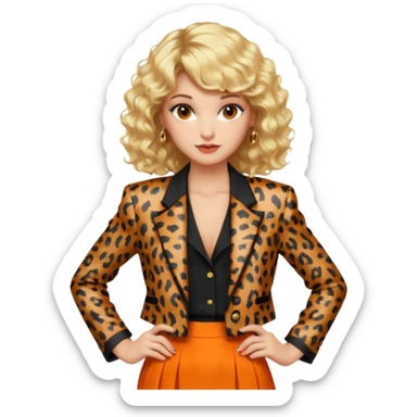 Blonde woman with an 80s-style hairstyle, with curls and bangs, animal print blazer, black top and orange skirt, all very 80s style, brown eyes, 80s makeup sticker