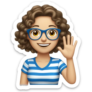 caucasian, curly brunette girl, in blue and white striped shirt and blue glasses, waving and smiling sticker