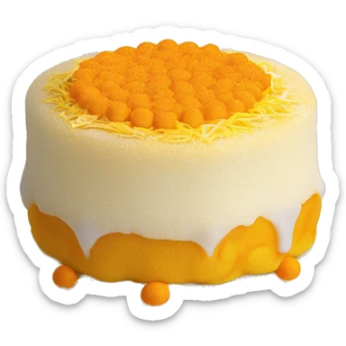a Vietnamese salted egg sponge cake (bánh bông lan trứng muối). The emoji is round, soft, and yellow with bright orange salted egg yolks on top, small drizzles of white mayonnaise, and golden pork floss. sticker