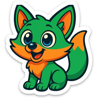 Make the green fox more cartoonish with large expressive eyes, bright colors, and a friendly expression in vibrant toon style, no background. sticker