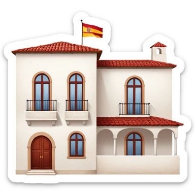 White stucco Spanish villa with red clay tile roof, arched windows, with Spanish flag (red-yellow-red horizontal stripes) hanging from the balcony sticker