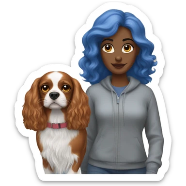 A white woman with blue eyes walks with a cavalier King Charles spaniel sticker
