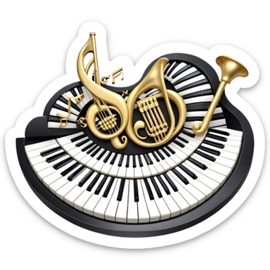 Create an elegant and festive emoji collage representing keyboard instruments, styled like a heraldic emblem. The design should feature a central focal point of black and white piano keys, arranged in a semi-circular or shield-like shape. Around the piano keys, add intertwining musical notes that form flowing ribbons, creating a dynamic and celebratory atmosphere. The design should be professional, with polished silver and gold accents on the keys and notes, highlighting the luxury and sophistication of the instruments. Add subtle shading and lighting effects to give the design a refined, 3D appearance. The background should remain transparent, and the overall feel should evoke grandeur, artistry, and a sense of celebration. sticker