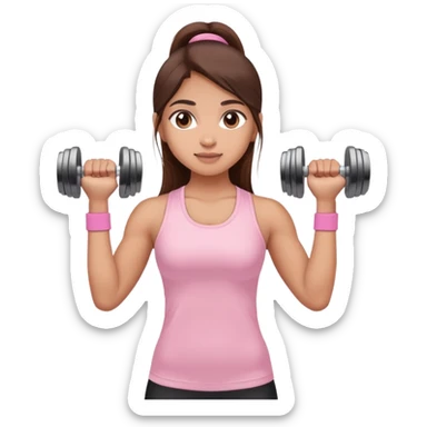 a north-east indian girl with long brown hair wearing a soft pink gym top lifting dumbbells with her hands sticker