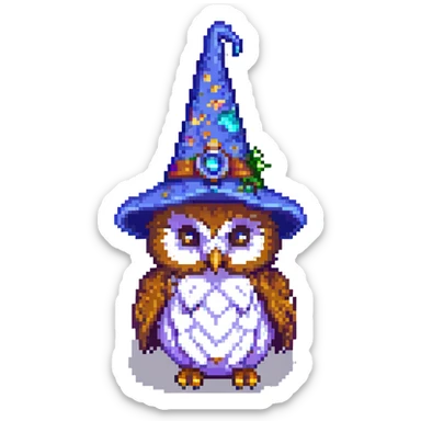 owl with a wizard hat pixel art sticker