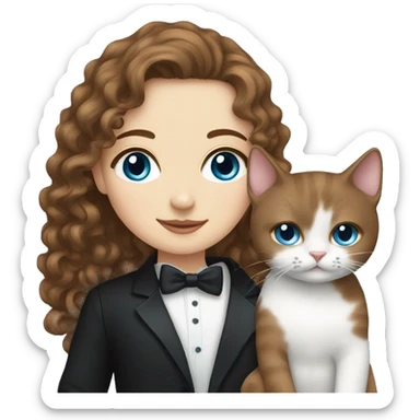 A white girl with brown curly hair and blue eyes holding her tuxedo cat sticker
