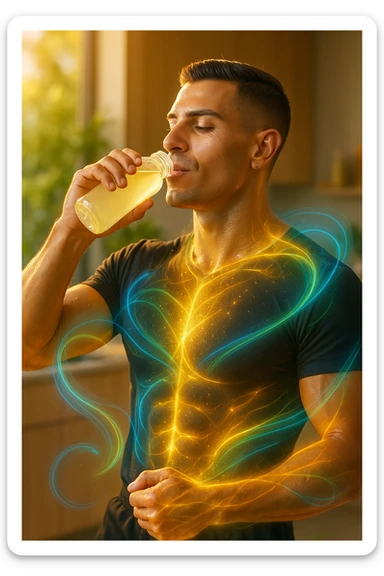 Athletic man around 30 years old, early morning, drinking a transparent electrolyte-rich beverage from a bottle. Body illuminated by natural golden light, with a light energetic aura around muscles symbolizing regeneration and recovery. Relaxed and vital expression, hydrated and glowing skin. Around him, light and colorful flows (blue, green, orange) represent electrolyte balance: sodium, potassium, magnesium. Natural environment or modern minimalist kitchen. Positive, clean, and invigorating atmosphere. Vertical 9:16 format. Inspired by the face in the reference photo. sticker