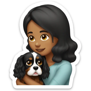 girl with black hair hugging two black and brown cavalier king charles spaniel  sticker