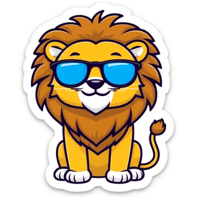 playful lion emoji with big friendly grin, golden brown mane, trendy sunglasses with shiny lenses, cartoon-like charming face, minimal background sticker