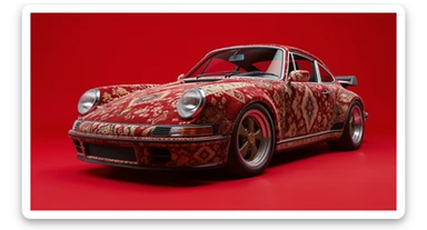 Closeup shot of a porsche 911, body of car made of russian carpet with patterns, red solid studio background, low keu light, top soft light, dutch angle,  captured by ARRI 65 sticker