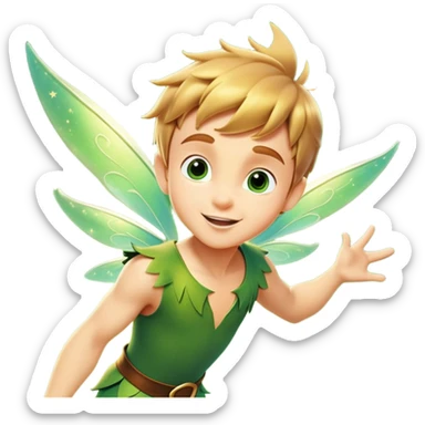 cinematic-realistic-peter-pan-portrait, head tilted dramatically with an exaggeratedly amused expression and sparkling eyes brimming with playful mischief, his iconic outfit rendered in vivid detail with dynamic shadows, soaring through the air flying next to a glowing Tinker Bell, whose delicate wings leave a trail of shimmering pixie dust across a whimsical sky. sticker