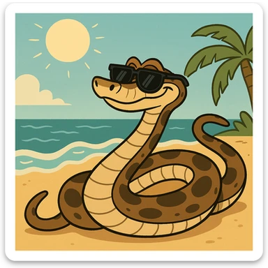 Kaa the snake from The Jungle Book relaxing on a sunny beach, wearing sunglasses, cartoon style sticker